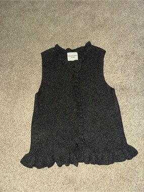 Charcoal Ruffle-Hem Knit Button Up Sweater Vest